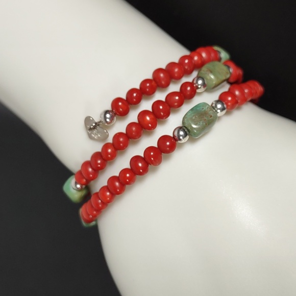 Coral/Turquoise/Sterling Silver Coil Bracelet - Picture 4 of 7